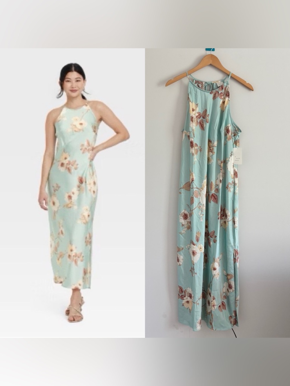 A New Day Women's Satin Maxi Halter neckline Dress Mint green Floral NEW